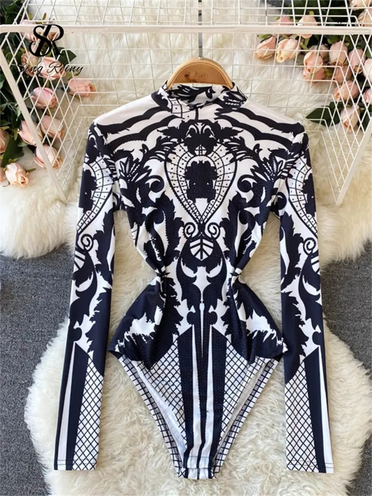 Kvinnors jumpsuits Rompers SingReiny Design Autumn Print Women Stand Collar Long Sleeve Slim Chic Fashion Sexy Bodycon Short Bodysuit 230613