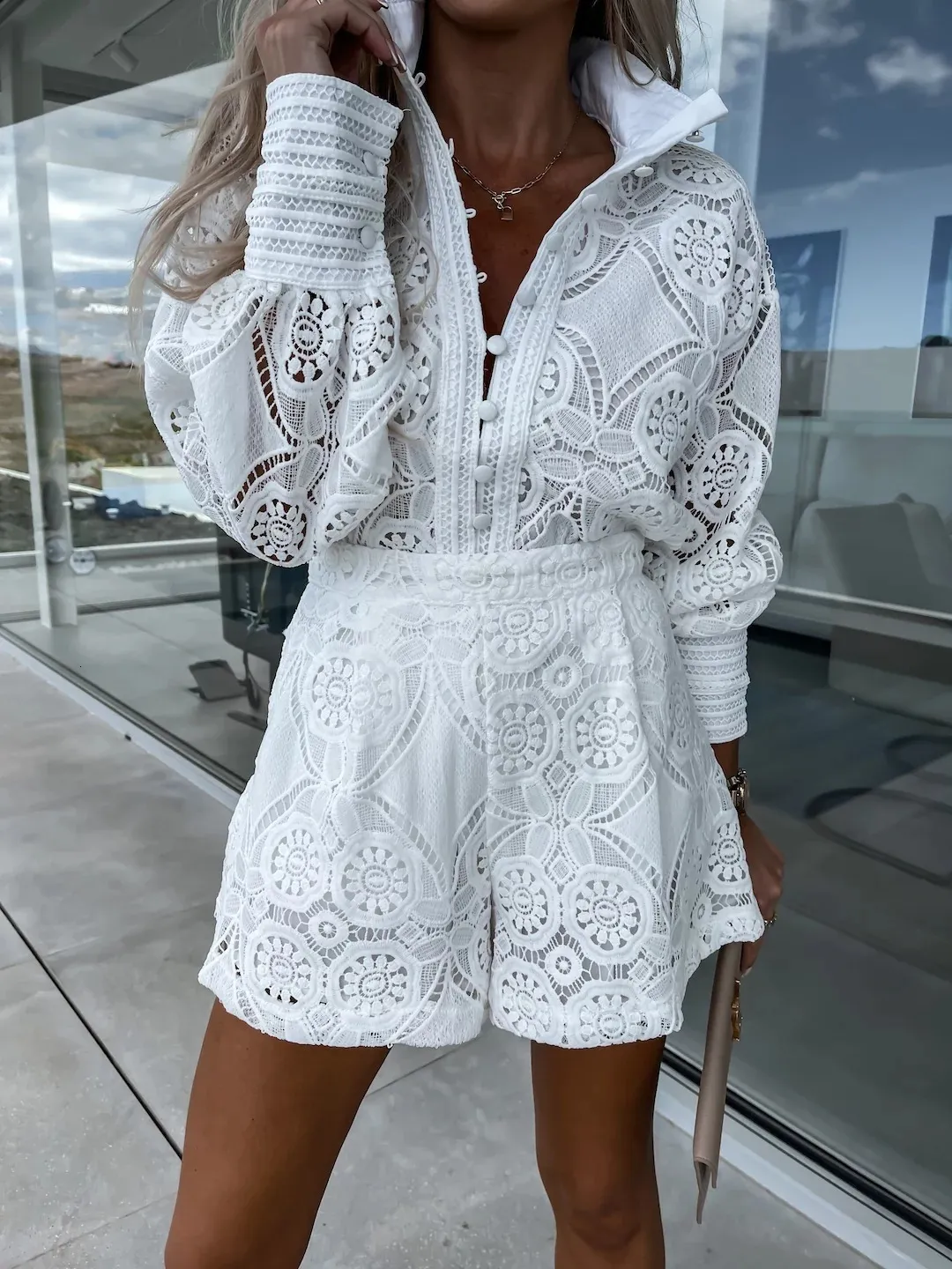 Women s White Lace Two Piece Short Set Casual Summer Outfit with Long Sleeve Vest Polyester Cotton Elastic Waist