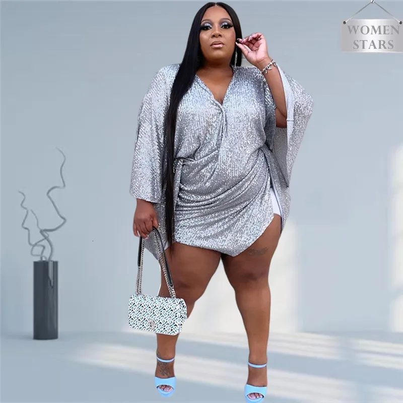 Plus size Jurken Maat Party voor Vrouwen Groothandel N Hals Lange Mouwen Effen Sexy Mini Jurk Club Outfits Herfst Kleding Drop 230613