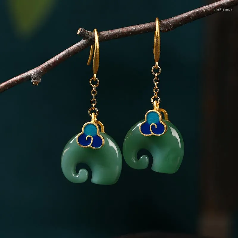 Stud Earrings Exquisite Gold Color Imitation Jade Elephant For Women Enamel Blue Cloud Wedding Birthday Jewelry