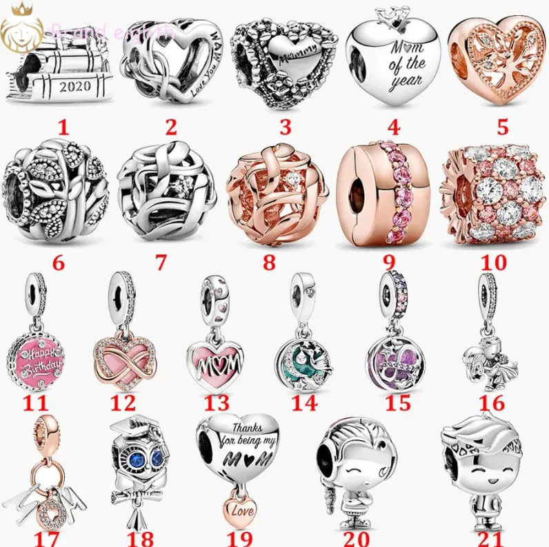 För Pandora Charms Sterling Silver Pärlor Charm Armband Love Heart Mors dag Rose Gold Fastener Safety Chain Pendant DIY