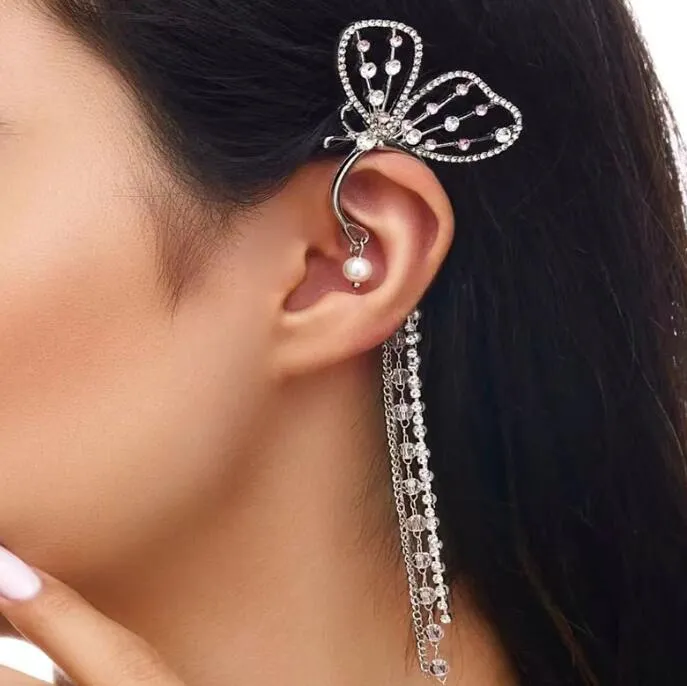 Dangle Lustre Cristal Gland Papillon Unique Oreille Os Clip Femmes Frosty Longue Perle Boucles D'oreilles Pour Femmes Filles Dames Conception Cadeau Oteou