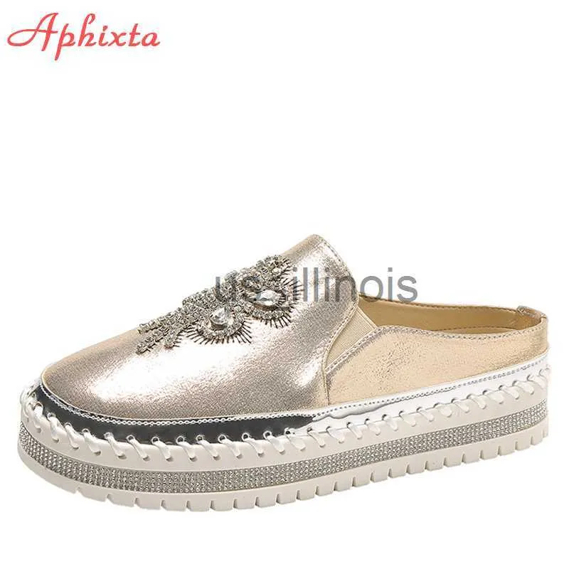 Pantofole Aphixta Cryatals Appliques Scarpe Donna Scivoli Mocassini Tacco piatto ammaccature Bling Mezze pantofole Revit Coppia Scarpe con plateau Donna J230613