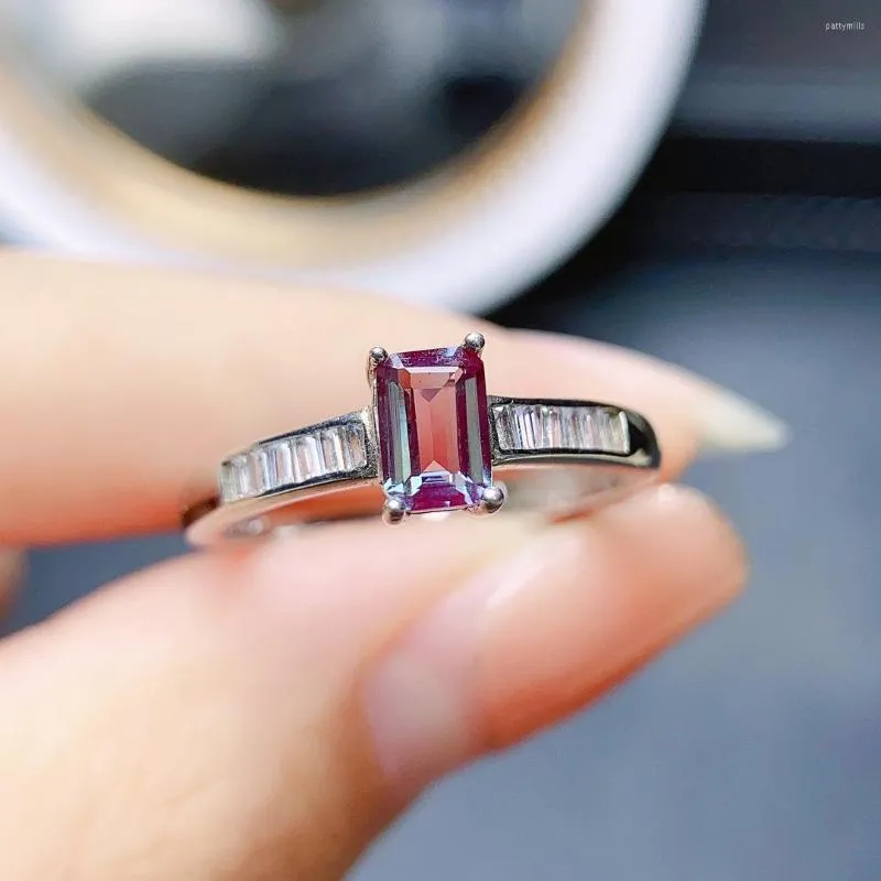 Cluster Rings Emerald Cut Alexandrite Engagement Ring June Birthstone Color Changing Gemstone Sterling Silver Gifts