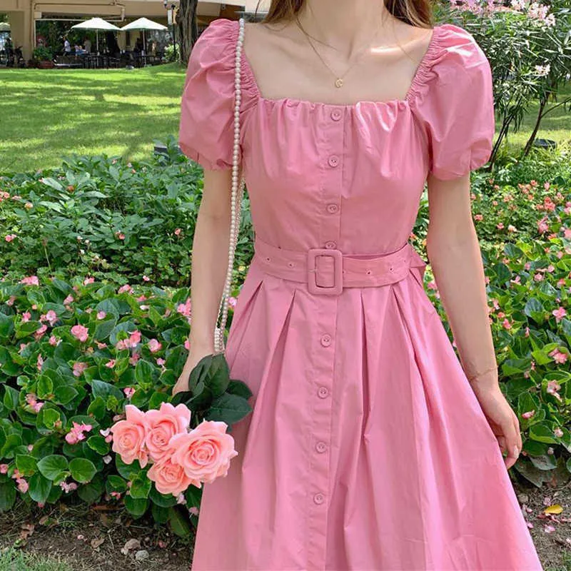 Casual Dresses Lucyever Summer Pink Square Collar Long Dress Women Korean Style with Belt Puff Short Sleeve Dresses High Waist Aline Vestidos Z0612