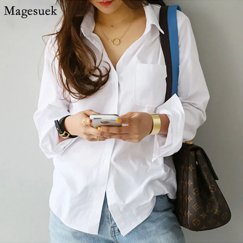 Women's Blouses Shirts Long Sleeve Ladies Tops Blouses Oversized Button Casual Cotton White Shirt Women Turn-down Collar Loose Blouse Women 3496 230613