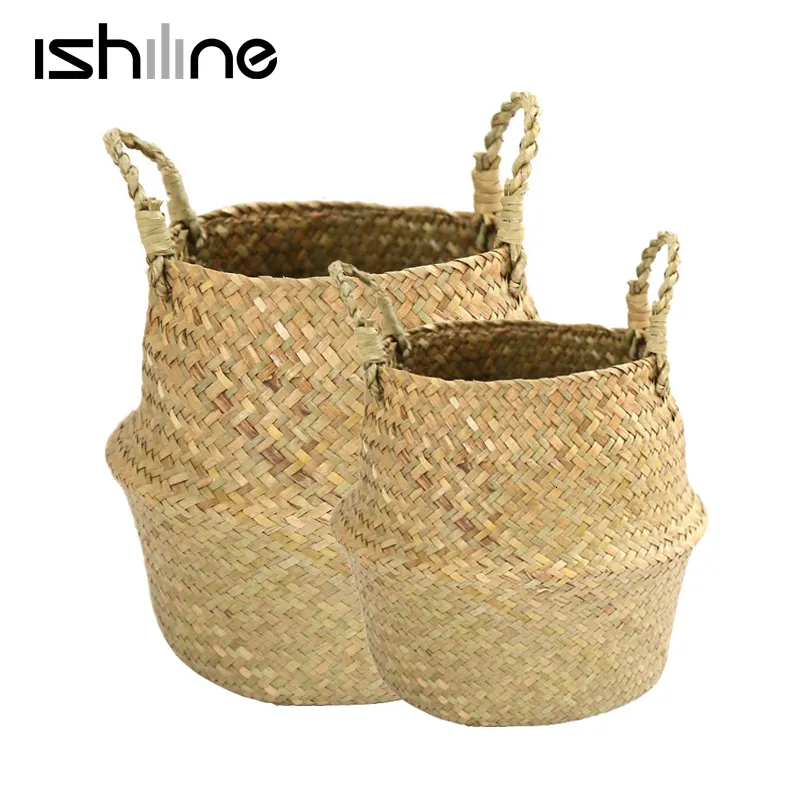 Storage Baskets Handmade Bamboo Basket Folding Clthoes Laundry Straw Wicker Rattan Seagrass Belly Garden Flower Pot Plant 230613