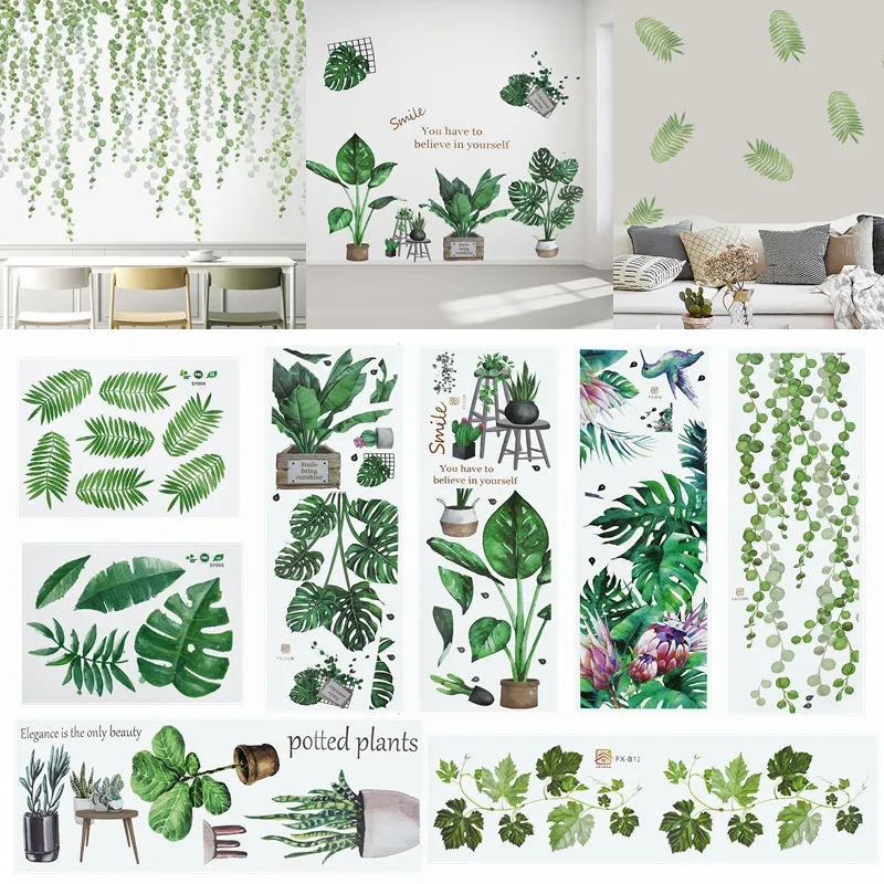 Folhas tropicais removíveis Flores Adesivos de parede para casa Sala de estar Decorativo Folhas verdes Plantas DIY Adesivo Papel de parede Suprimentos 7