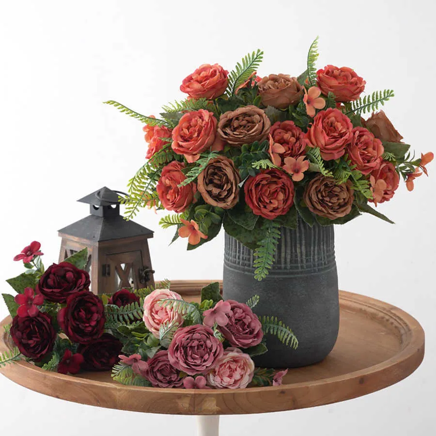 Fleurs séchées Vases artificiels pour la décoration de la maison Guirlande de Noël Fausses plantes Mariée de mariage en plein air Boîte-cadeau bricolage Bouquet de pivoines en soie