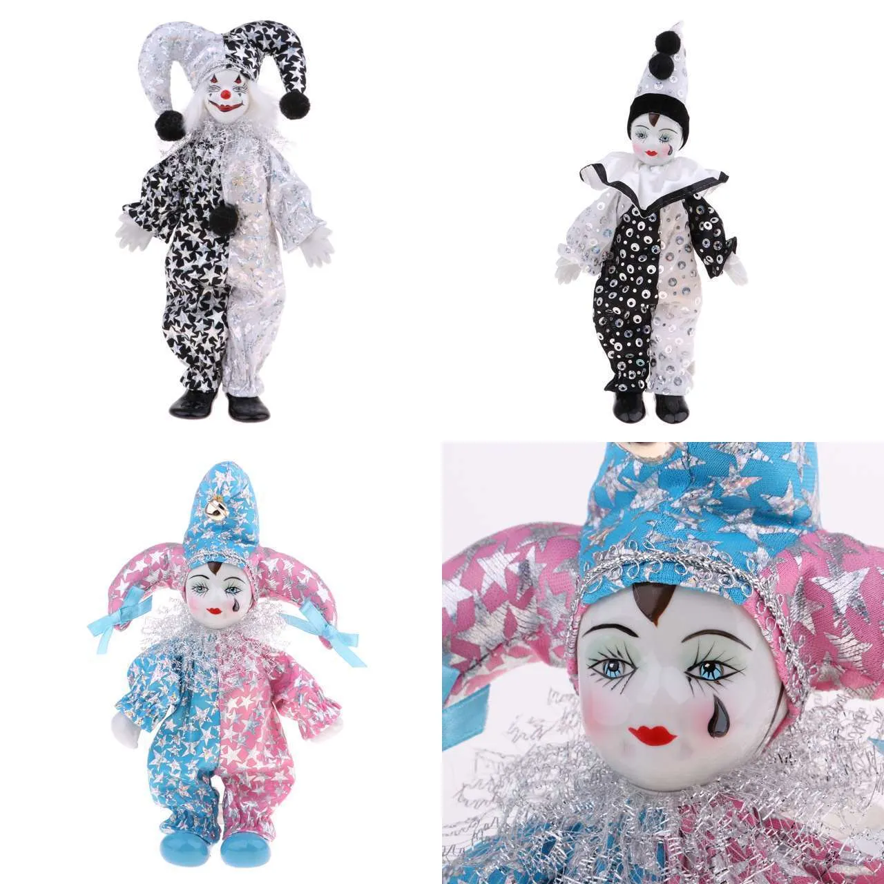 Dolls 9 Inch Porcelain Smiling Clown Doll Wearing Outfits Funny Harlequin Circus Props Halloween Christmas Decoration Kids Gifts 230613