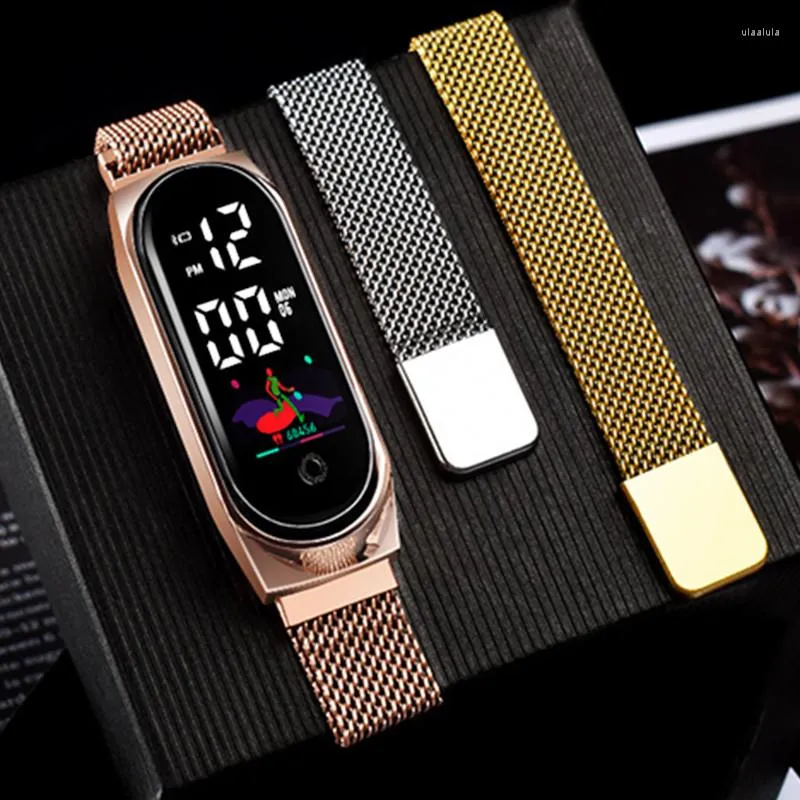 Montres-bracelets Elegante montres électroniques hommes femmes calendrier lumineux bande de maille magnétique dame montre-bracelet horloge numérique Relojes Digitales