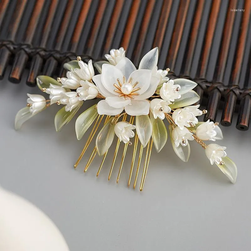 Grampos de cabelo Lírio branco do vale Flor Pérola Noiva Pente Retrô Folha Encrespador Temperamento Feminino Moda Casamento Jóias