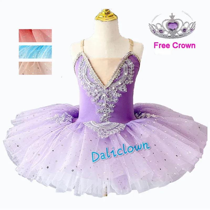 Dancewear Sequin Stars Tutu De Ballet Professionnel Pour Les Filles Lac Des Cygnes Ballerine Pancake Tutu Robe De Ballet Enfants Costume De Danse Tutu Rose Bleu 230612