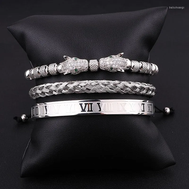 Strand högkvalitativ lyx rostfritt stål romersk armband cz leopard charm smycken handgjorda makrame armband set män gåva