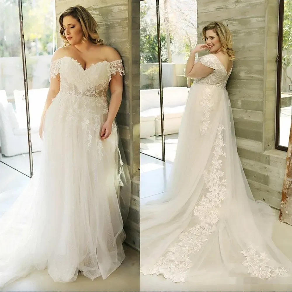 Robes de mariée grande taille élégantes 2023 sur l'épaule dentelle appliques balayage train tulle sur mesure mancherons plage robe de mariée