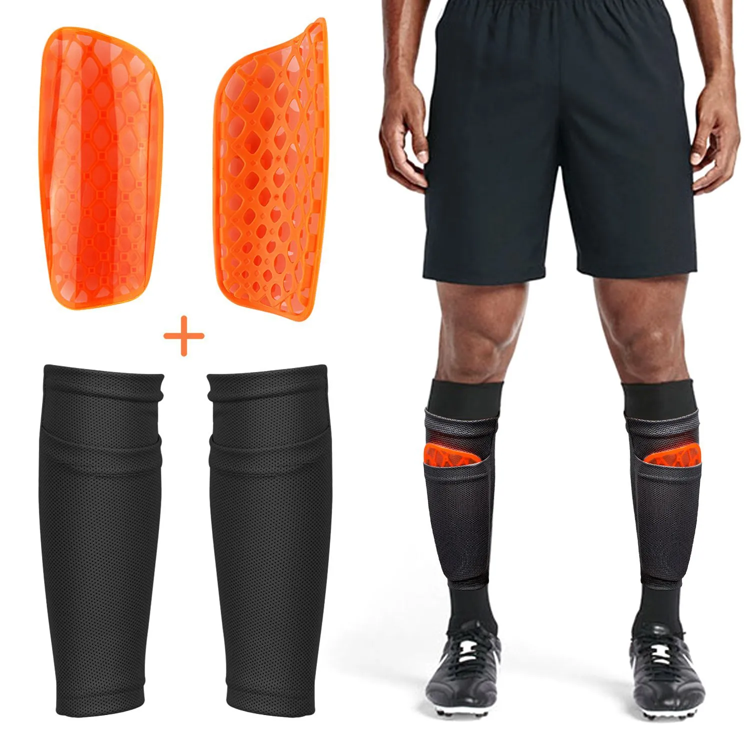 Soccer Shin Guard Sock, benprestanda Support Fotboll ärmar med fickan kan hålla skinnkuddar, komfort andningsbara hållare+kuddar