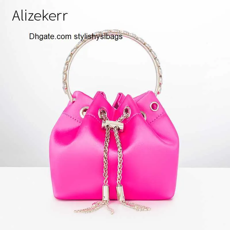 Bakken Strass Kwastje Emmer Handtassen Vrouwen Nieuwe Luxe Metalen Ring Handvat Satijn Crossbody Tas Dames Kleur Pailletten Portemonnee Bruiloft