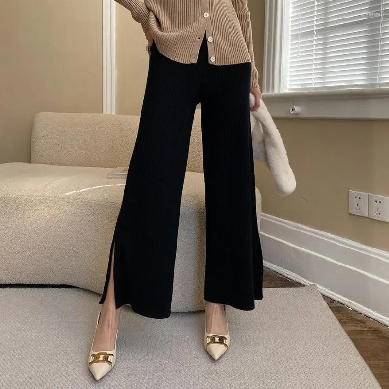 Women's Pants French High Waist Split Pit Knit Straight Wide Leg Hanging Solid Color 2023 Early Spring Women