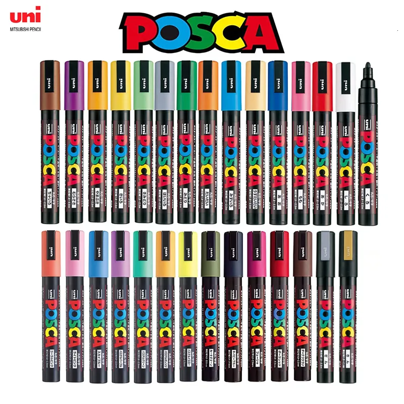 Marqueurs Japon Uni Posca Peinture Marqueur Stylo Ensemble PC-1M PC-3M PC-5M PC-8K PC-17K 7 8 12 15 21 24 28 29 Couleurs Ensemble Non Toxique À Base D'eau 230612