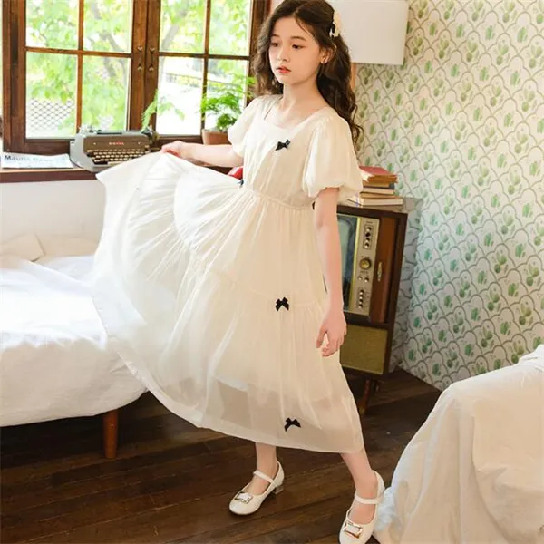 Summer new girls chiffon dress short sleeve bubble sleeve long skirt fashion princess skirt