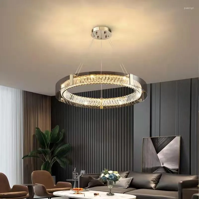 Pendant Lamps Foyer Modern Led Rc Dimmable Lights Luxury K9 Crystals Suspend Lamp Round Gold Metal Hanging Lighting Fixtures