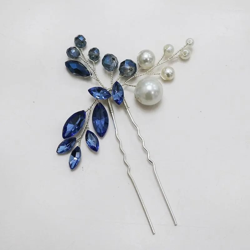 Grampos de cabelo pérola brilhante mulheres alfinetes cristal azul feito à mão planta jóias acessórios menina cabeça decoração tiara