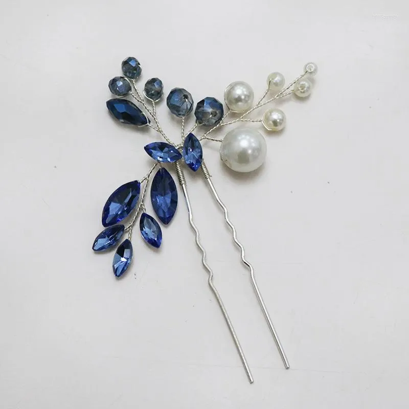 Fermagli per capelli Perni da donna con perle lucide Accessori per gioielli vegetali fatti a mano in cristallo blu Accessori per la decorazione della testa della ragazza Tiara