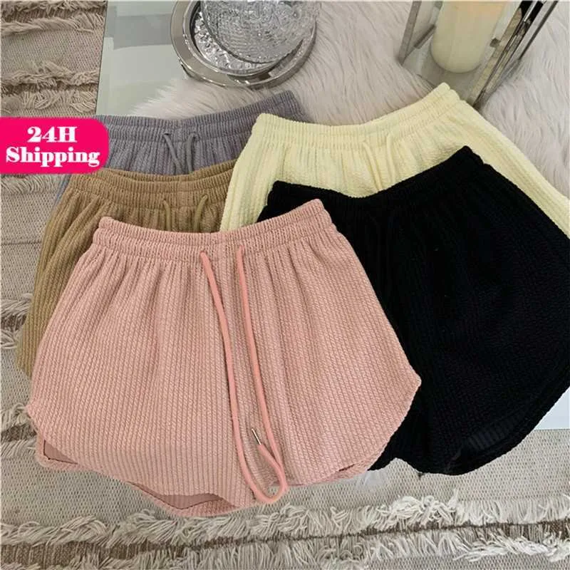 Pantalones cortos para mujer Pantalones cortos para mujer Verano Elástico alto con cordones Cordón Pierna ancha Sudor Corto Fitness Pantalones cortos para correr Pantalones deportivos grandes e informales sueltos fdfddd