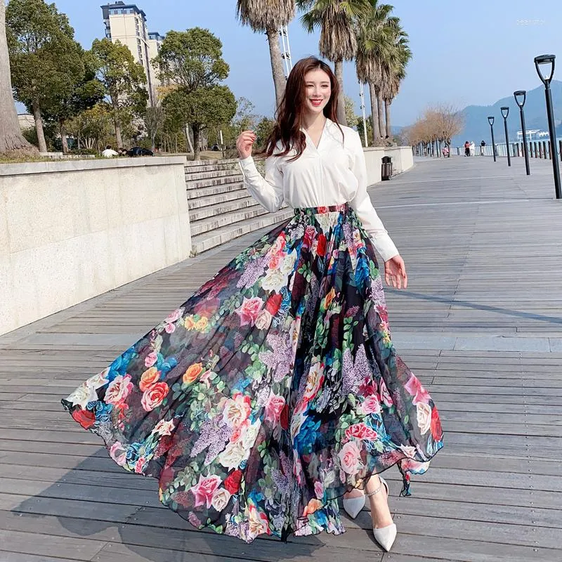 Large size A-line faldas largas elegantes Chiffon Small floral Long Skirts  Women's Summer 2023 New