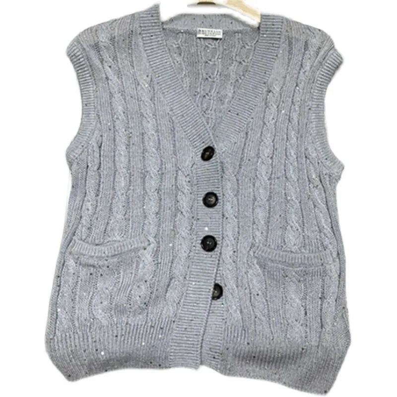 Donne gilet Brunello Spring Ladies v Neck Cucinelli Grey Grey Twisted Waited Knit Cardigan Vest