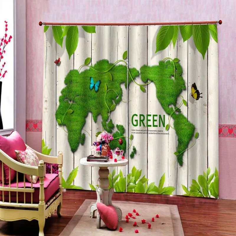 Curtain Creative 3D Blackout Curtains Green Living Room Drapes Maps Design Printing Bedroom