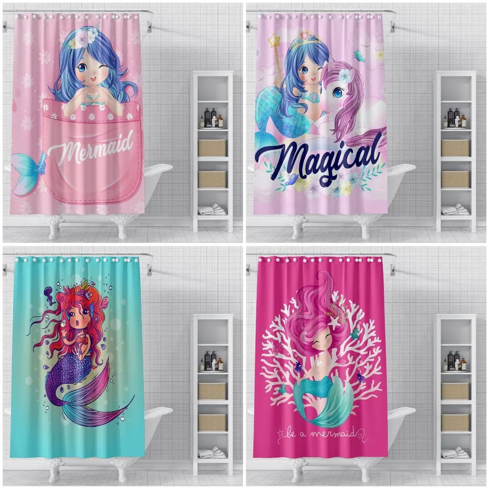 Curtains Cute Mermaid Shower Curtains Waterproof Fabric Bath Curtain Cartoon Pattern Bathroom Curtains with Hooks Home Decoration