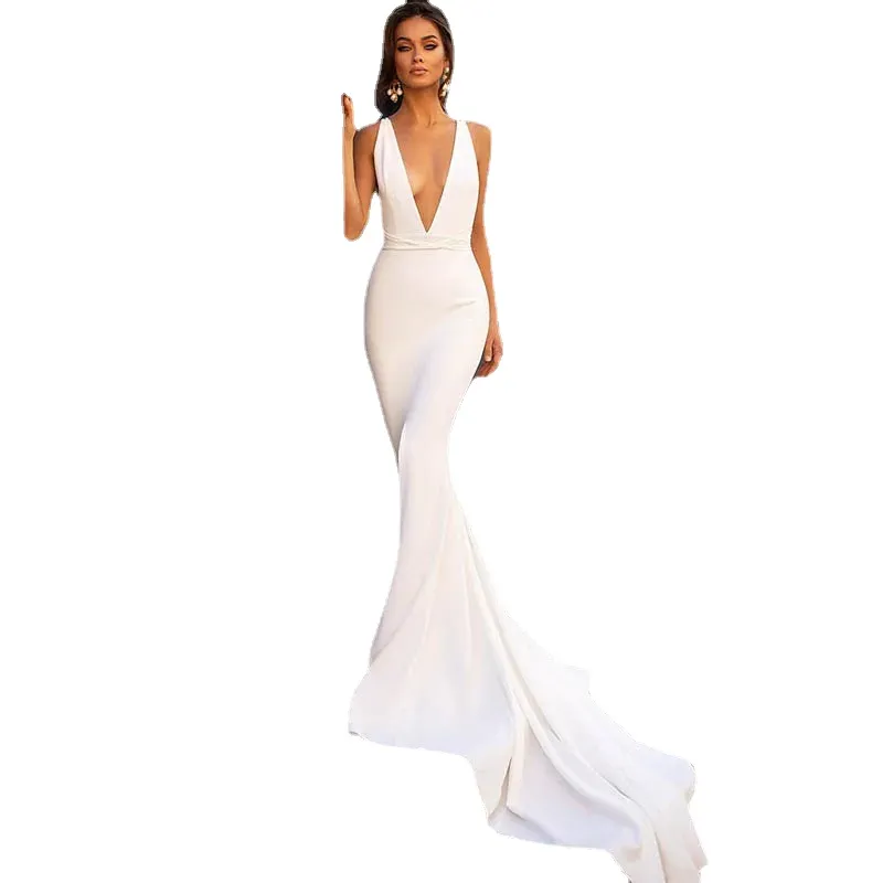 Sexy Mermaid Wedding Dress Spandex Sleeveless Deep V Neck Beach Bride Dresses Sweep Train Elegant Wedding Boho Bridal Gowns