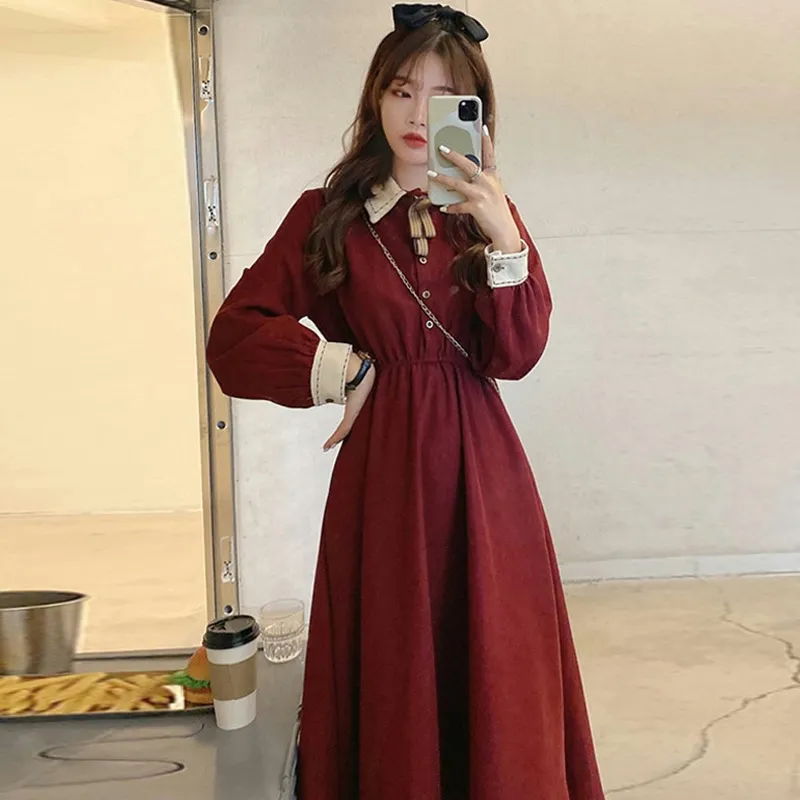 Werueruyu Women French Vintage Dresses Spring Long Long Live Weist Solid Solid Lady Dress 210608