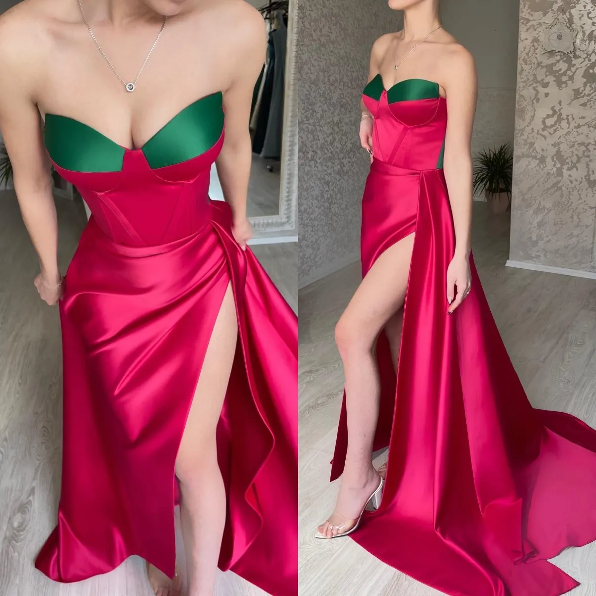 Elegant Red Green Prom Dresses Sweetheart Satin Party Aftonklänningar Split Formal Long Special Endan Dress