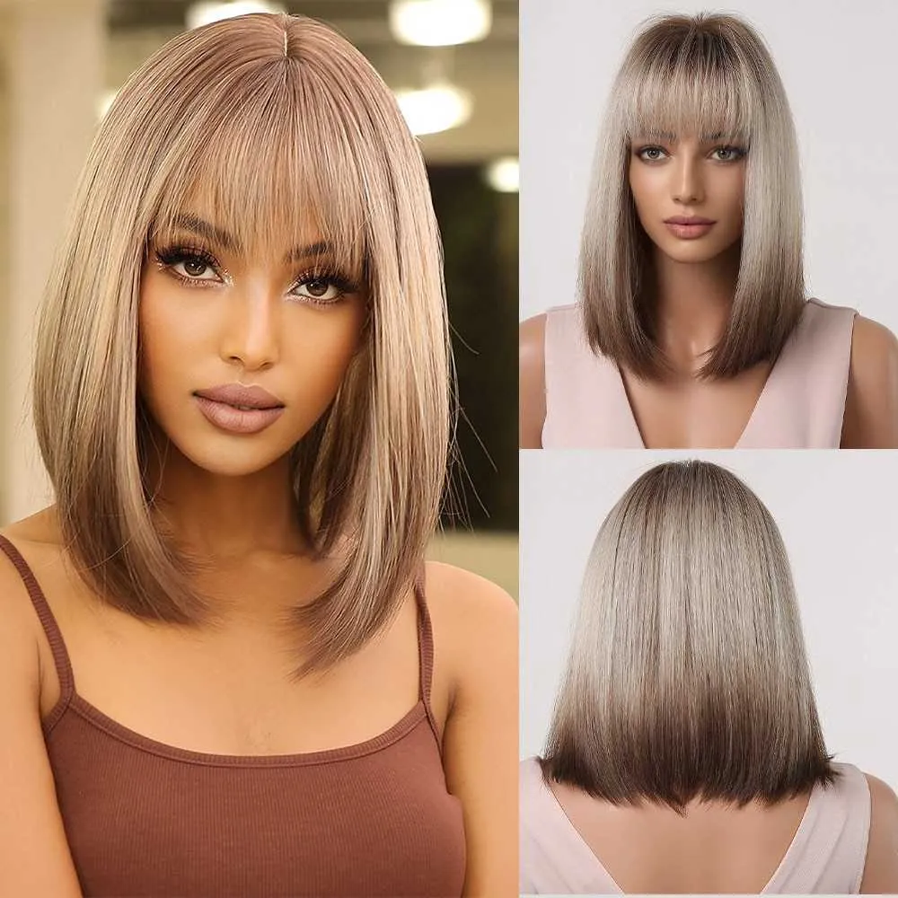 Perucas de renda marrom loiro ombre bob perucas para mulheres peruca de cosplay com franja raízes escuras cinza cabelo natural peruca sintética z0613