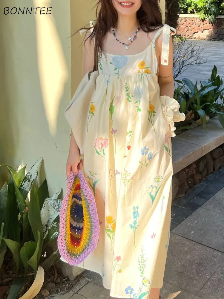 Basic Casual Dresse Summer A Line Midi Lace Up Floral Spaghetti Strap High Waist Vacation Aesthetic Sweet Girls Cute Korean Style Chic 230613
