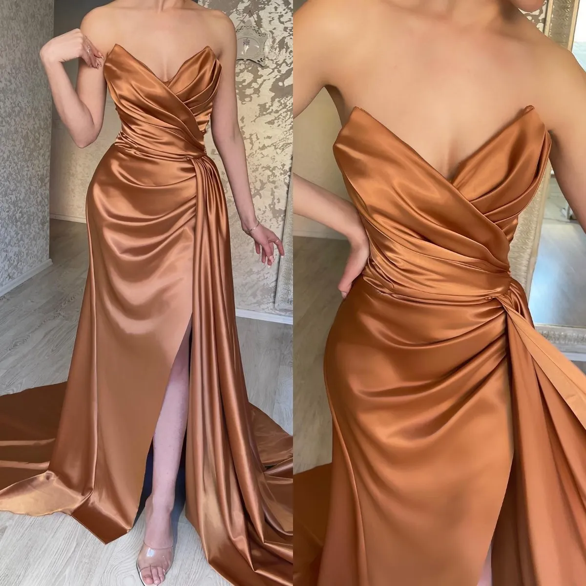 Elegant Tan Prom Dresses V Neck Party Evening Gowns Pleats Split Formal Long Special Occasion dress