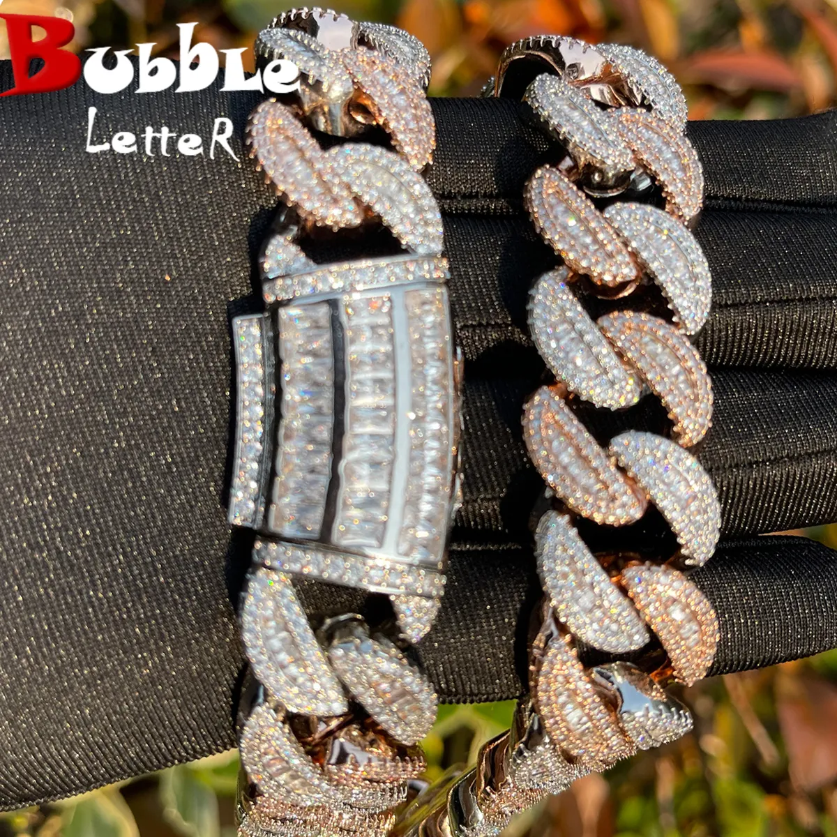 Pendant Necklaces Bubble Letter Baguette Cuban Link Chain for Men Iced Out Prong Setting Necklace Choker Real Gold Plated Hip Hop Jewelry 230613