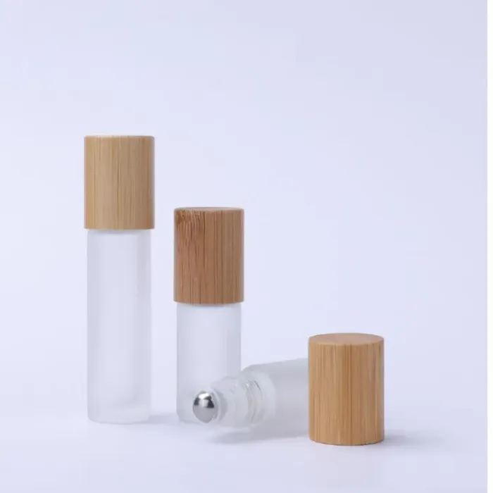 Wholesale 5ml 10ml Frosted Glass Roll On Bottles with Metal Roller Ball And Bamboo Lids