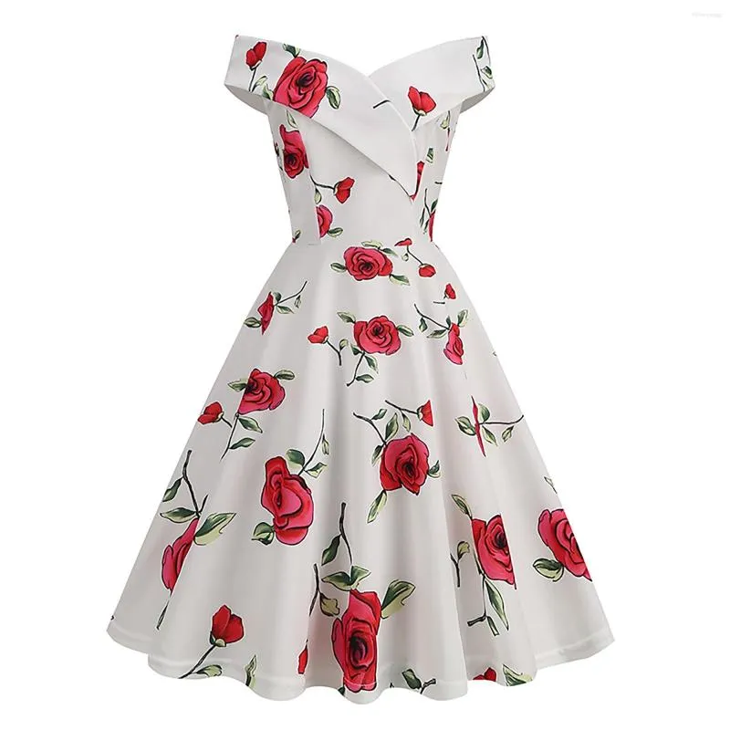 Lässige Kleider, Rosen-Blumendruck, Vintage-Kleid, Damen, V-Ausschnitt, elegante Abendparty, kurze Ärmel, schulterfrei, plissiert, Sommer