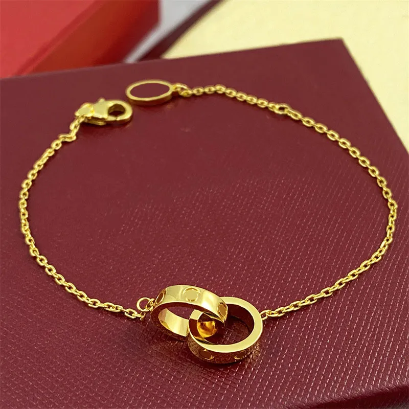 Mensarmband Moissanite Armband för kvinnor älskar smycken titanstål Silver Rose Gold Double Circle Crossed Chain Charm Ard diamant smyckesdesigners