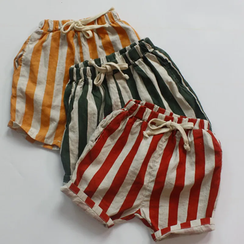 Shorts 16 Yrs Baby Boys Girls Flax Cotton Stripe Children Korean Japan Style Kids Casual For Summer 230613