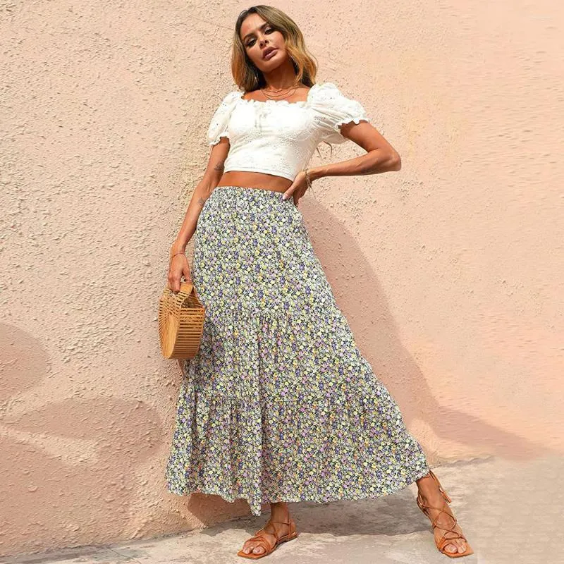 Skirts Women Print A-Line Chiffon Skirt Summer Floral High Waist Holiday Vintage Bohemian Maxi Casual Beach Falda Boho