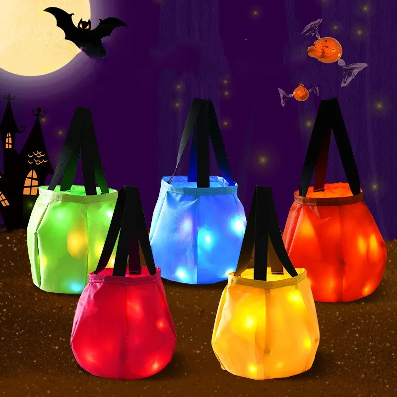 LED Light Halloween Candy Bags Trick eller behandla återanvändbar goody korg för barn