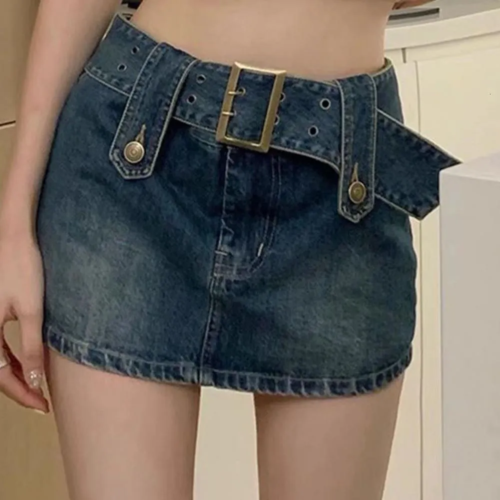 Röcke Frauen Rock Denim Skort Zipper Fly Slim Mini mit Gürtel gefälschte zwei Stücke hohe Taille Y2K Streetwear Faldas Mujer 230612