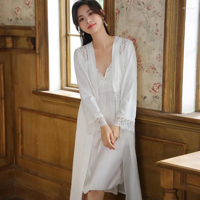 Fairy White Embroidered Satin Nightgown With Robe And Nightgown Set For  Women Long Sleeve, Sexy Princess Nightwear With Ice Silk From Kennylilah,  $28.5