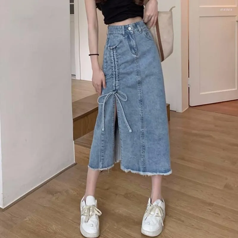 Skirts S-5XL Woman Denim Skirt Spring Summer Fashion Lacing Shirring Split Hem Loose Mid-length Cotton Jeans Female Plus Size