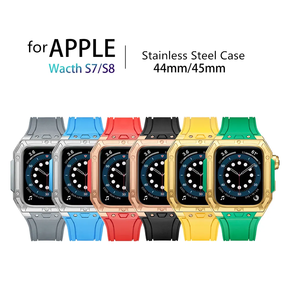 Armour Cases DIY Stainless Steel Case Watches Cover AP Mod Kit fit Silicone Band for iWatch 8 7 6 5 4 SE Strap for Apple Watch Series 8 7 45mm 44mm