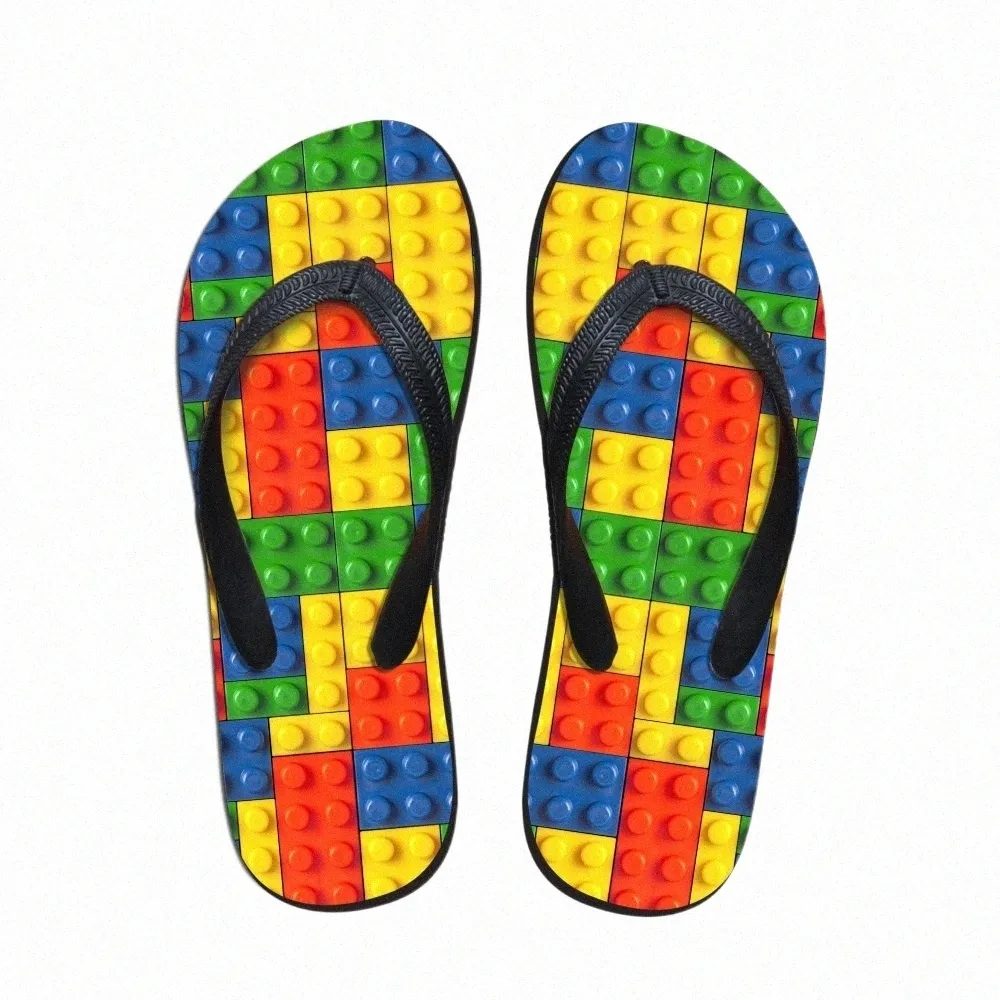 personnalisé femmes appartements maison pantoufle 3d tetris imprimer été sandales de plage de mode pour pantoufles femme dames tongs tongs en caoutchouc h8UB #